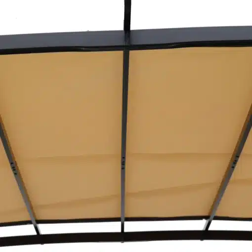 Pergola päikesevarir veekindel UV-kaitsega 12x9 | E-pood Tootemaailm Vaade pergola päikesevarju alt, mille beeži värvi veekindel kate ja must metallkarkass pakuvad tõhusat UV-kaitset. Sobib ideaalselt aias või terrassil kasutamiseks.