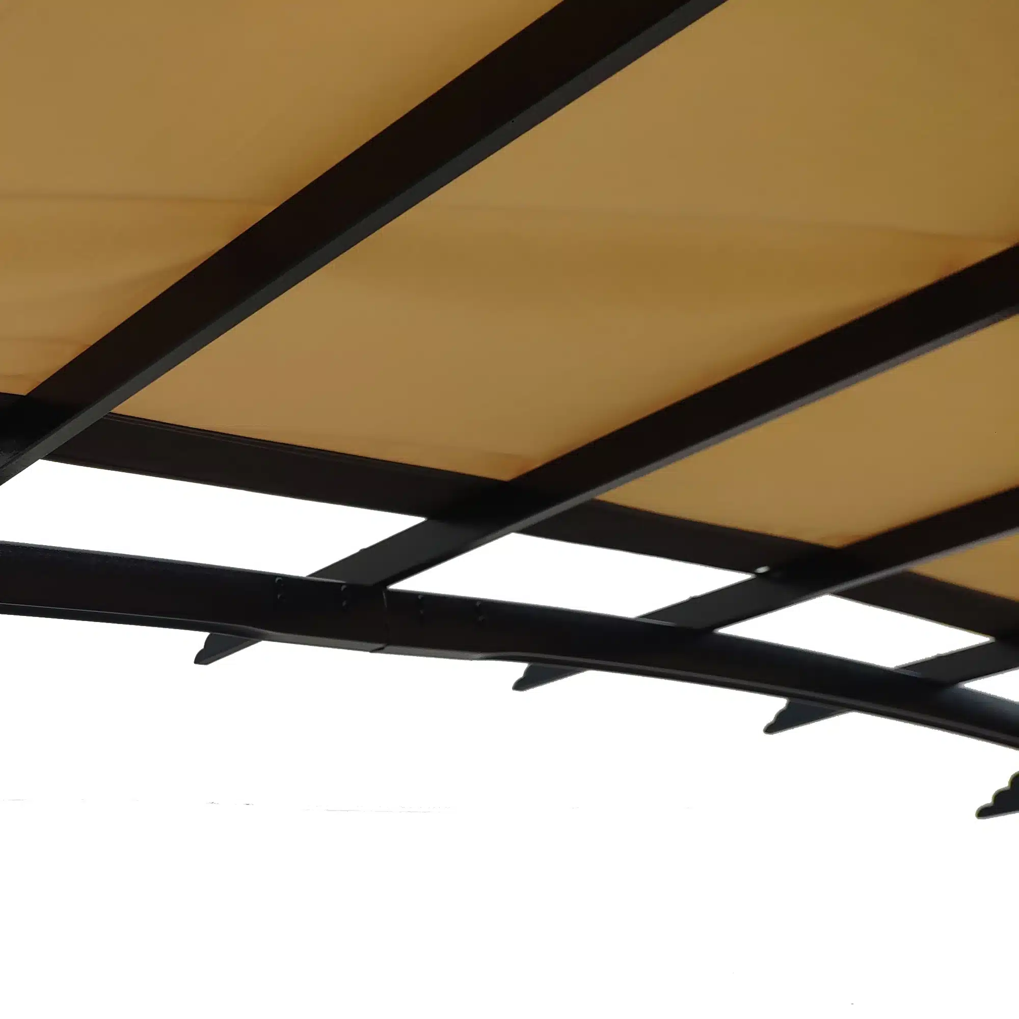 Lähivõte pergola päikesevarju tugevast mustast metallraamist ja beezist veekindlast UV-kaitsega kangast, mis pakub tõhusat kaitset päikese eest.