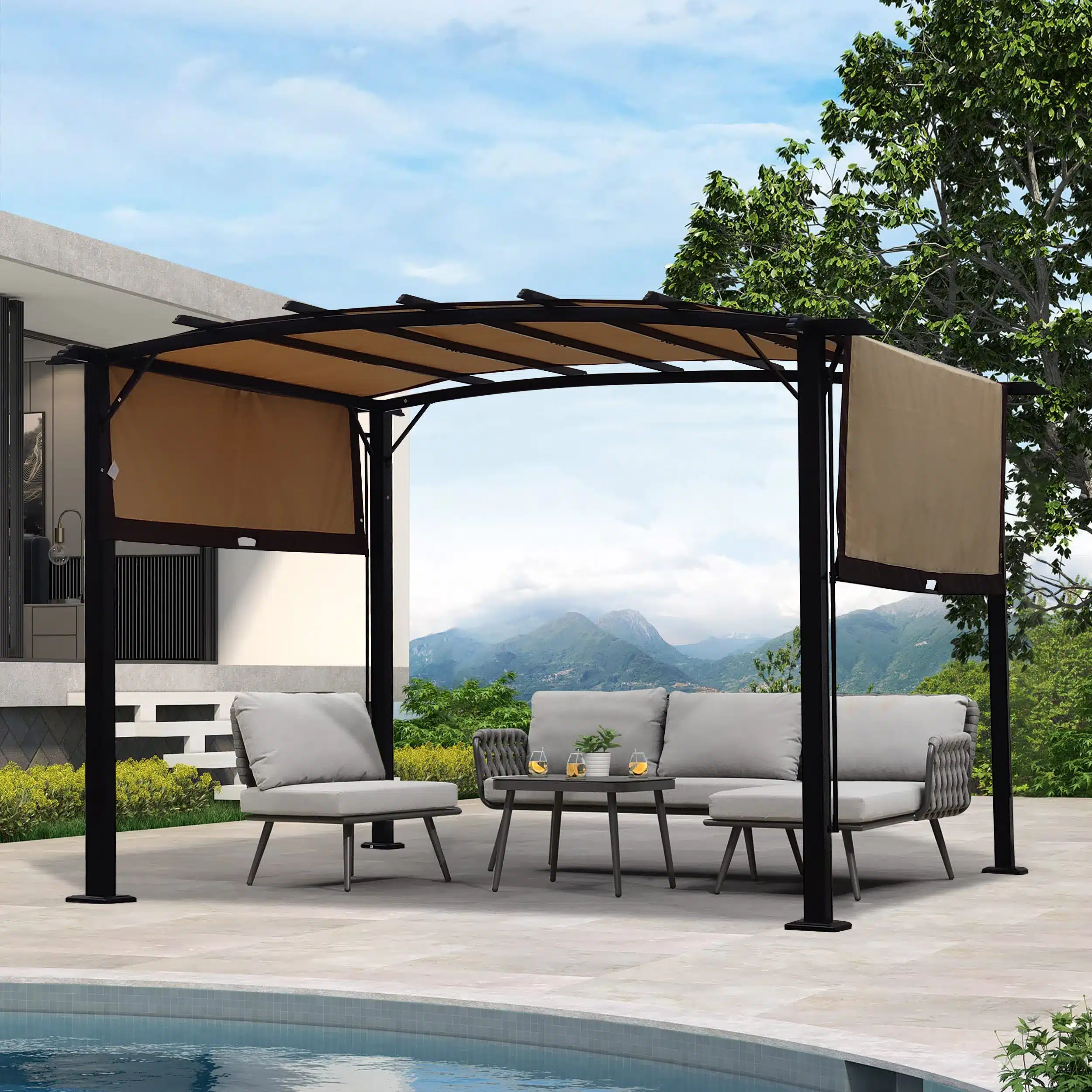 Elegantne pergola päikesevarir veekindel UV-kaitsega 12x9, halli varjundiga kangas ja vastupidav must metallraam, paigutatud avarale terrassile mägede taustal, modernse aiakomplekti kohal.