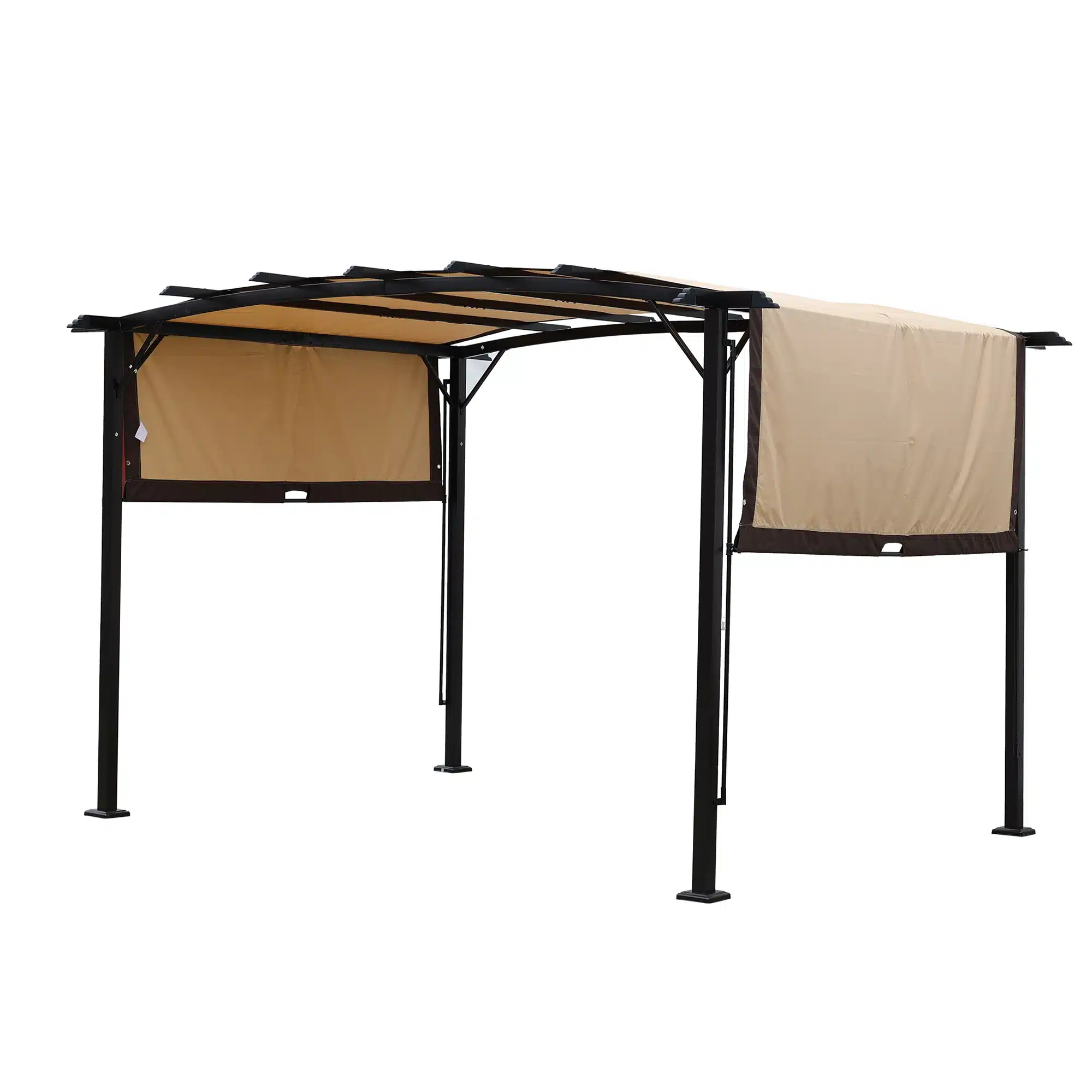 Veekindel UV-kaitsega 12x9 pergola päikesevari, must metallraam, beežid varikatused, sobib aias või terrassil kasutamiseks.