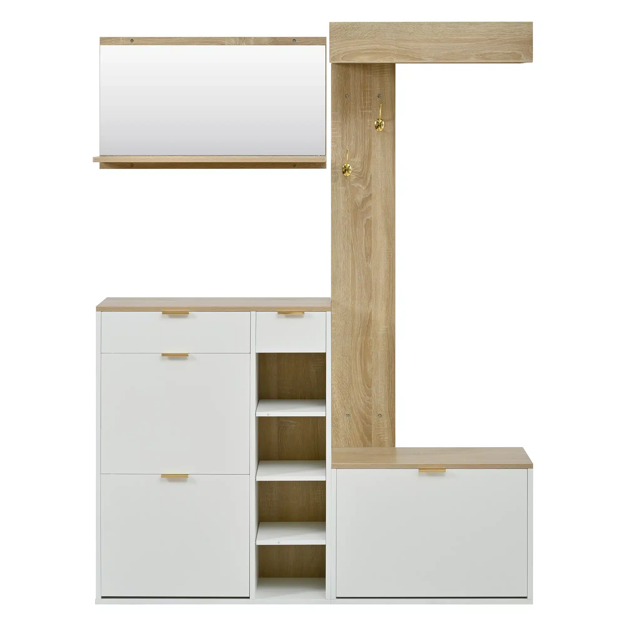 Esikukomplekt, mis koosneb pingist, kingariiulist ja peeglist. Komplekt on valmistatud heledast puidust ja valgetest detailidest kaasaegses minimalistlikus stiilis.
