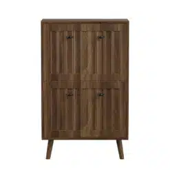 Kingakapp pähklipuidust, vertikaalse soonilise pinnaga, kõrgusega 60 cm. Kapp on elegantse viimistlusega, sobides ideaalselt esikumööbliks. Tumepruun puidumuster ja minimalistlikud nupud annavad stiilse välimuse.