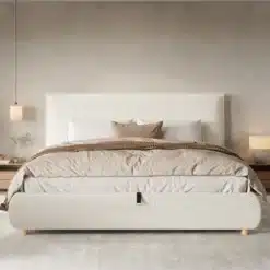 Elegantne voodiraam panipaigaga 180x200 buklee kangast ja peatsiga neutraalses beige toonis, taustal heledates toonides magamistuba.