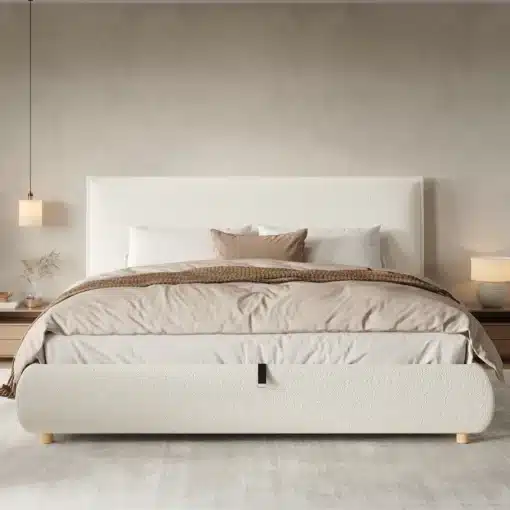 Voodiraamid panipaigaga 180x200 buklee ja peatsiga | E-pood Tootemaailm Elegantne voodiraam panipaigaga 180x200 buklee kangast ja peatsiga neutraalses beige toonis, taustal heledates toonides magamistuba.
