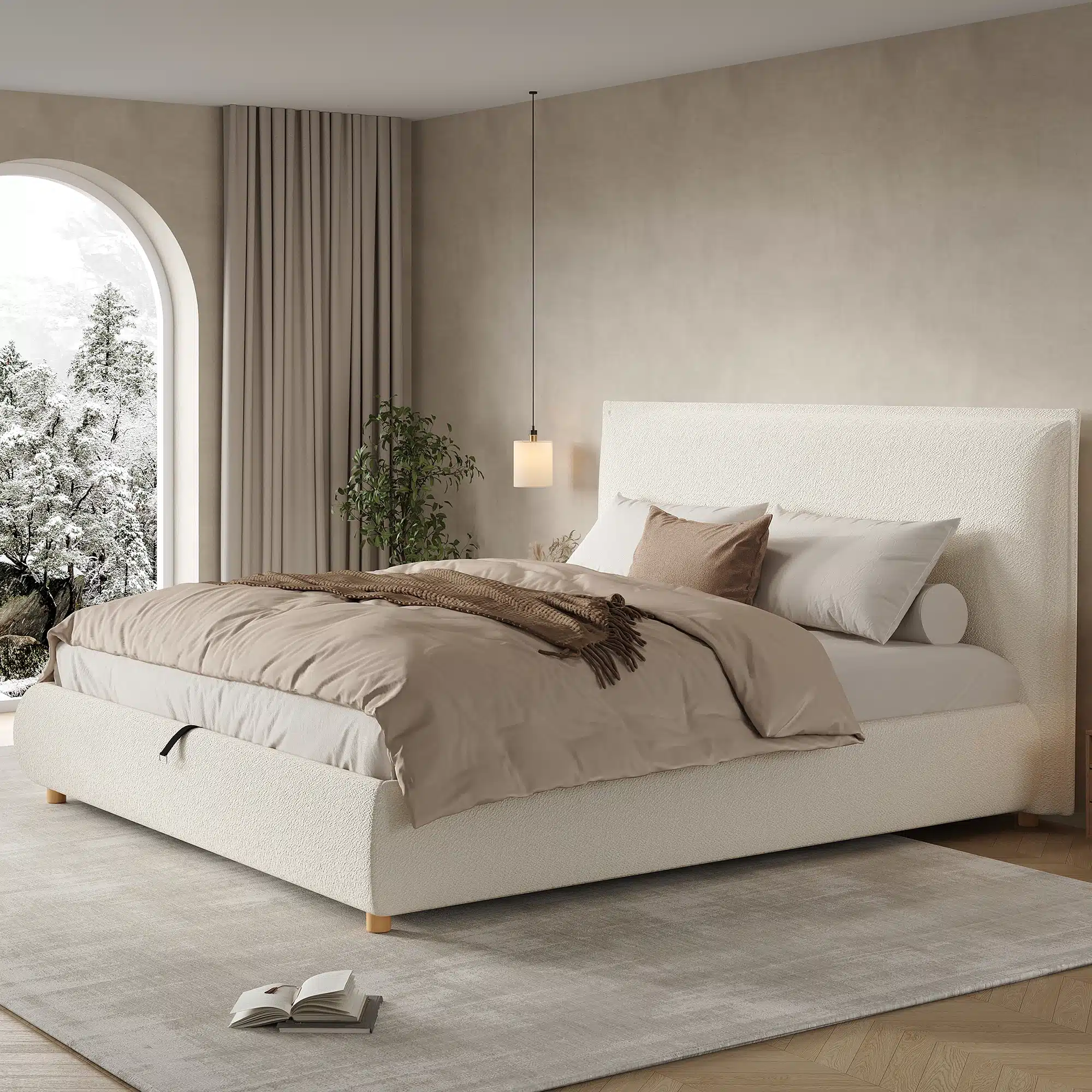 Elegantses heledas magamistoas asuv voodiraam panipaigaga 180x200 buklee kangaga ja peatsiga, mille ümber on pruunid tekstiilid ja seinaga külgnevad kardinad.