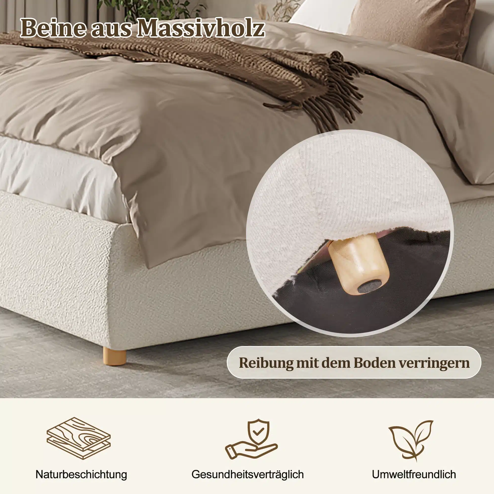Voodiraam panipaigaga 180x200 buklee ja peatsiga, mille jalad on valmistatud massiivsest puidust. Pehme kattega voodi asub mahedas interjööris.