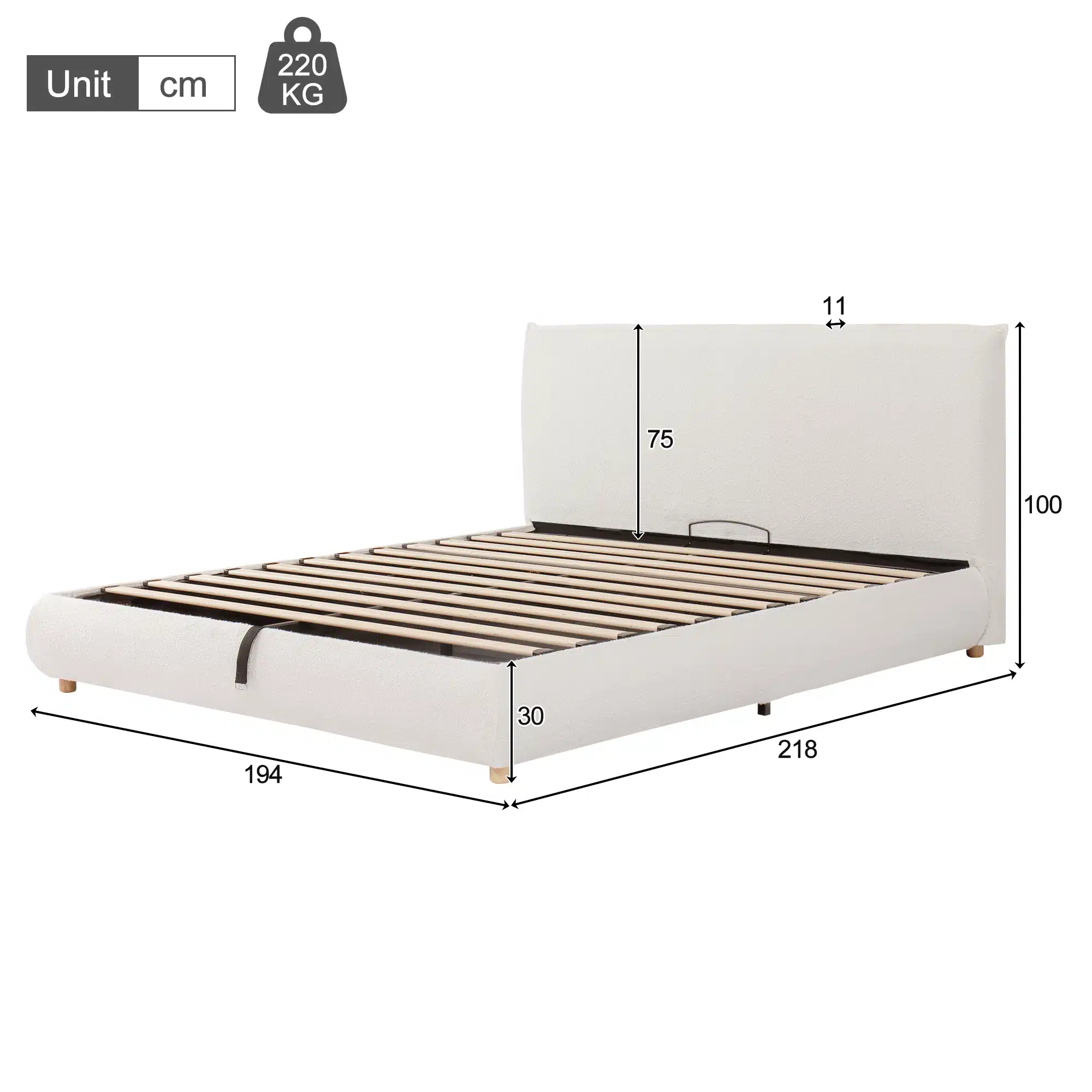Voodiraamid panipaigaga 180x200 buklee ja peatsiga, esiplaanil, valge värvusega pehme materjal katab raami ning nähtav on mahukas hoiuruum koos mõõtmetega.