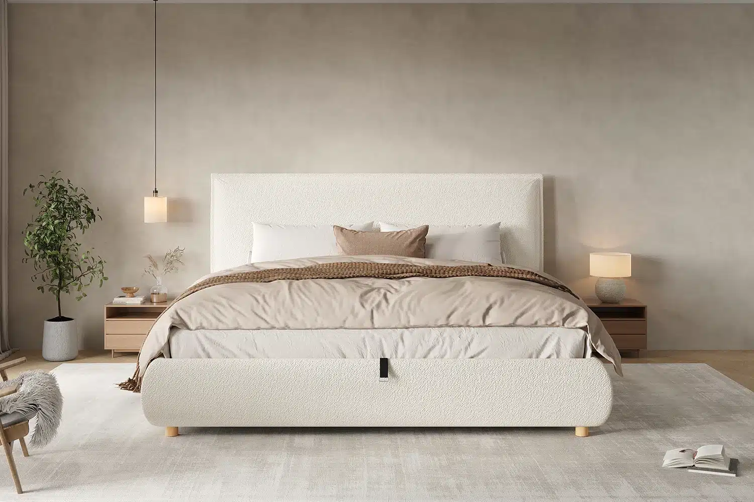 Elegantne voodiraam panipaigaga, mõõtudega 180x200, buklee materjali ja peatsiga, paikneb kaasaegses magamistoas. Voodil on neutraalsetes toonides voodipesu ning seda ümbritsevad öökapid koos lampidega. Taustal on hele, minimalistlik sein ning dekoratiivne taim potis.
