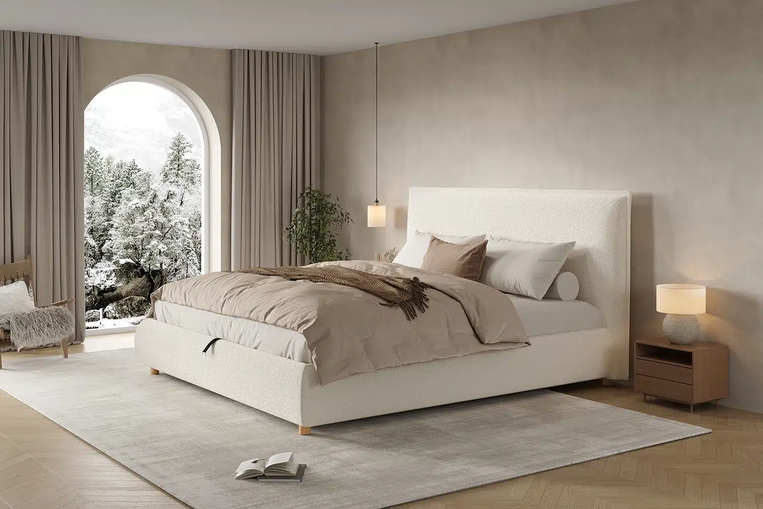 Elegantne voodiraam panipaigaga 180x200 buklee kanga ja peatsiga, asub stiilses magamistoas helehallil vaibal. Avar aknast avaneb talvine vaade kaunile maastikule, ruumi sisustavad minimalistlikud öökapid ja soe valgustus.