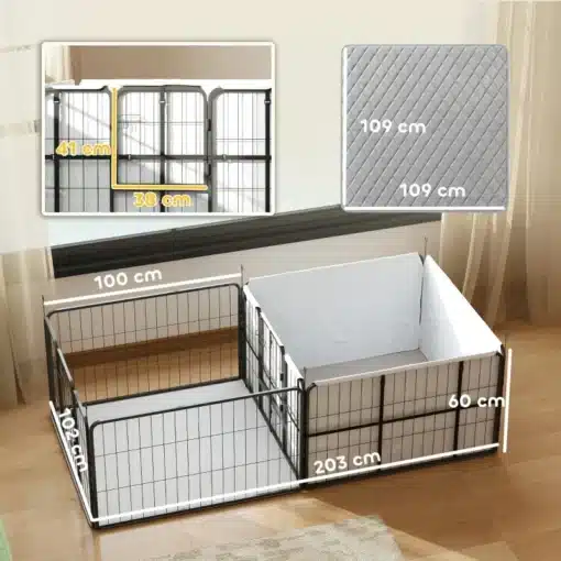 Kutsikate poegimiskast pestava alusega must 203x102x60 cm | E-pood Tootemaailm Must kutsikate poegimiskast pestava alusega, mõõtmetega 203x102x60 cm, asub siseruumis puidust põrandal. Kast on metallist raamiga, mille sees on valge sisekate. Vasakul küljel on dekoratiivne matt ja paremal pool on suur aken, kust paistab naturaalne valgus.