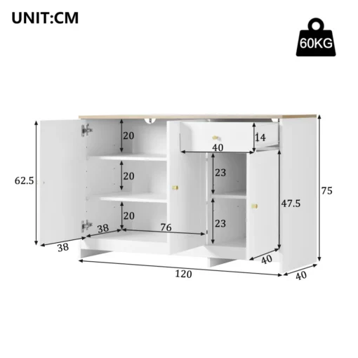 Kummut kööki kolme ukse ja ühe sahtliga valge 120x40x75 cm | E-pood Tootemaailm Valge kolme ukse ja ühe sahtliga kummut kööki mõõtmetega 120x40x75 cm. Kummuti metallnupud ja avatud uksed paljastavad ruumikate riiulite ja sahtli detailid, millele on lisatud mõõtmed.