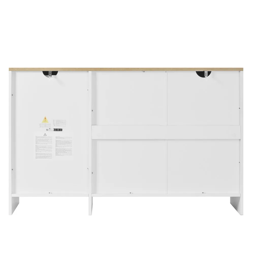 Valge kummut kööki kolme ukse ja ühe sahtliga, mõõtudega 120x40x75 cm, tagantvaade esitleb puhast disaini ja kvaliteetseid paneele neutraalsel taustal.