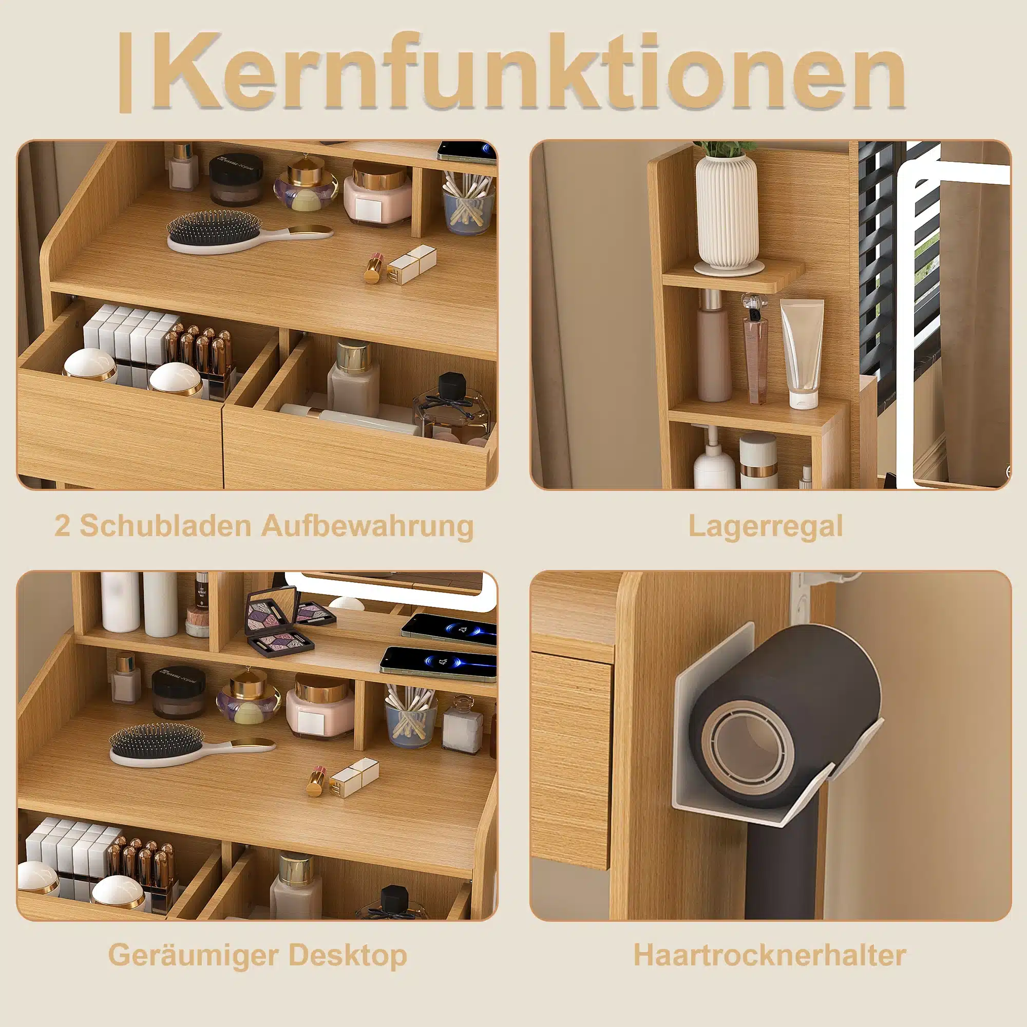 Tualettlaud LED-peegli, sahtlite ja pistikupesaga, hele puitmaterjal, sisaldab mitmeid lahtreid ja sahtleid erinevate ilutoodete hoidmiseks. Vasakul kaks sahtlit kosmeetika jaoks. Keskel avar pind peegli ees. Paremal avatud riiul ja föönihoidja külje peal. Taust hele ja neutraalne.