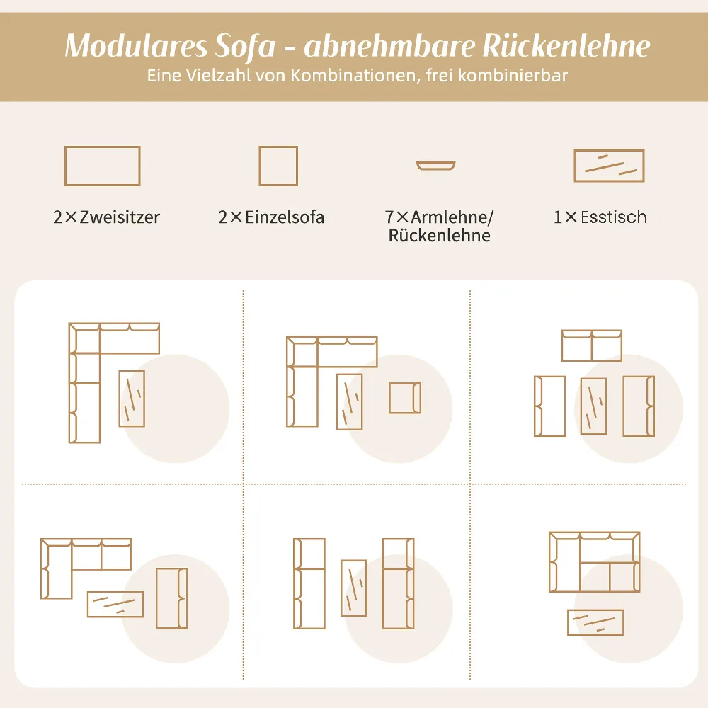 Diagrammi illustreerib luksuslikku modulaarset aiamööbli komplekti, sealhulgas nurgadiivanit ja terasraamiga lauda erinevates kombinatsioonides, pruunide ikoonidega valgel taustal.