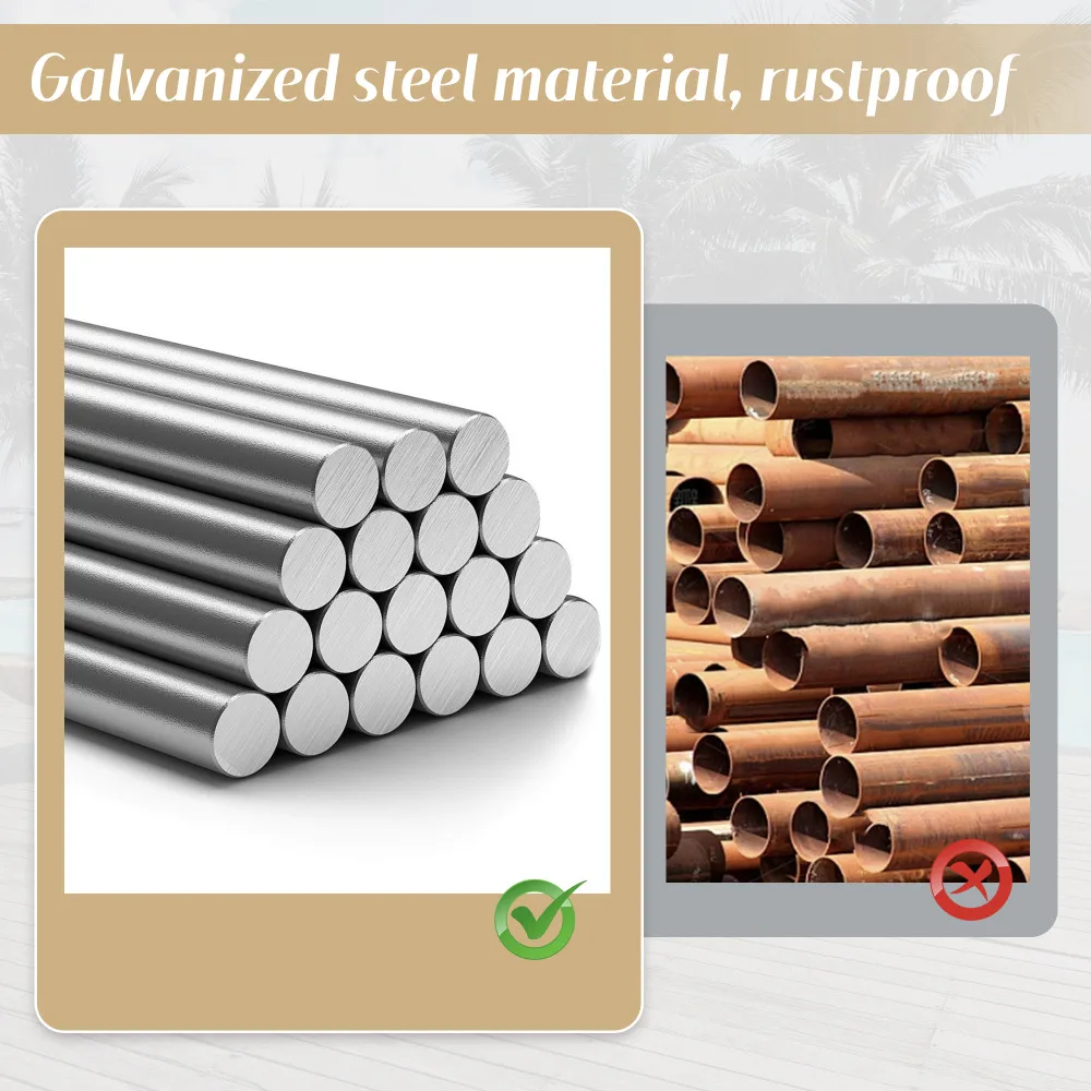 Kahe materjali võrdlus, galvaniseeritud teras ja roostes teras, millel on näide Luksuslik aiamööbli komplekt, nurgadiivan, terasraamiga laud vastupidavast materjalist.