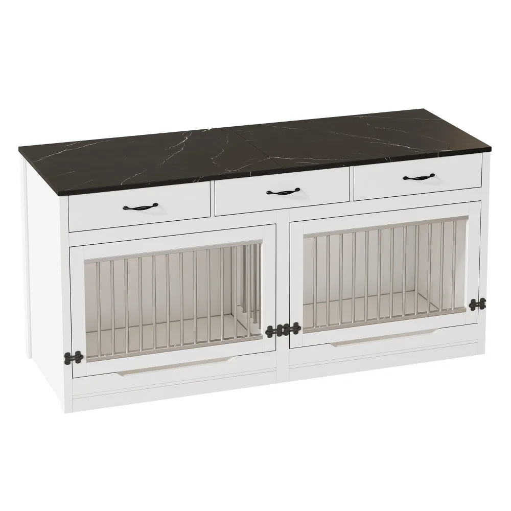 Koerapuur kahele koerale, puit-metall, XXL; valge kapp tumeda kattega, koos metallist võrega uste ja mustade käepidemetega.