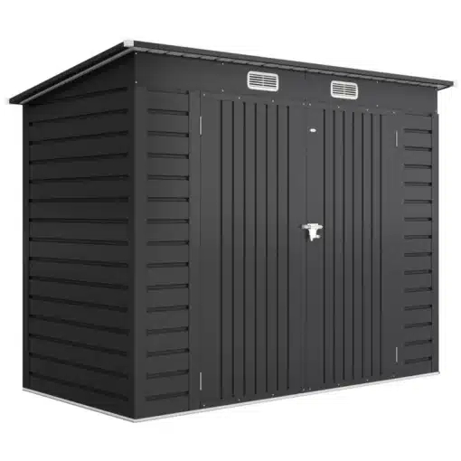 Aiamaja terasest topeltustega hall 249x121x183 cm | E-pood Tootemaailm Hall terasest aiamaja mõõtudega 249x121x183 cm, millel on topeltuksed. Kaasaegne ja vastupidav disain sobib hästi igasse aeda, pakkudes lisaruumi ja stiili. Taust on neutraalne, rõhutades aiamaja elegantset viimistlust.