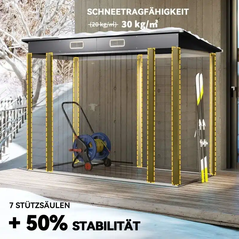 Hall aiamaja terasest topeltustega, mõõtudega 249x121x183 cm, asub lumisel terrassil. Konstruktsioon on tugev ja vastupidav lume survele, mida näitab tekst pildil. Kollased tugisambad lisavad stabiilsust. Taustal on talvine aed ja seinaga hoone.