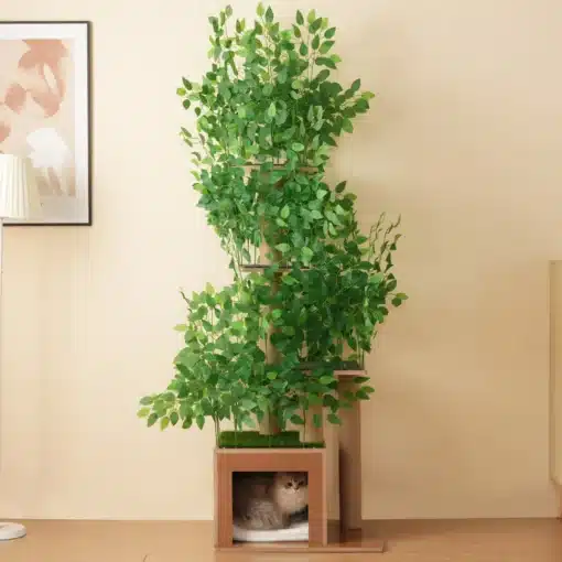 Kassipuu 190 cm, nelja platvormi ja kriimustuskindel MDF | E-pood Tootemaailm Luksuslik Kassipuu 190 cm kõrgune, nelja platvormiga ja kriimustuskindlast MDF-materjalist, mis on paigutatud kaasaegsesse elutuppa. Kass mõnuleb alumises kuubikus valguse käes, puu varjab pehme lehestikuga.