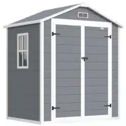 Hall metallist aiamaja topeltuhukse ja aknaga, taustal valge seinavärv ja mustad hinged.