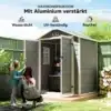 Aiamaja lukustatav, metall, topeltuks ja aken | E-pood Tootemaailm Aiamaja lukustatav, metall, topeltuks ja aken, halli välisviimistlusega, avatud aed, kaks inimest, ema ja tütar, rohelise aia kõrval.