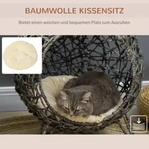 Kassimaja rotangist pehmendusega, hõbehall, Ø52x58 cm | E-pood Tootemaailm Hall kass lebab hõbehallil Kassimaja rotangist pehmendusega pesal, mis on ümbritsetud naturaalsetest materjalidest sarnanevatest rotangpunutise detailidest. Taustal on tume sein ja koduseintega sobivas koosluses rotangi aktsendid.