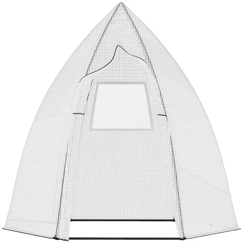 Valge minikasvuhoone taimedele, mille rulluks on avatud ja nähtav võrgulaadne materjal. Taustal neutraalne sein, mis toob esile kasvuhoone kuju ja suuruse mõõtmetega 160x140x180.