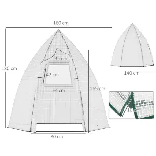Minikasvuhoone taimedele rulluksega valge 160x140x180 | E-pood Tootemaailm Minikasvuhoone taimedele rulluksega, valge, mõõtmetega 160x140x180 cm. Kujutatud on kasvuhoone struktuur ja mõõtmed, sealhulgas rulluks ja tugevad materjalid, tagades kaitse taimedele.
