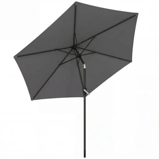 Päikesevari UV50+ vändaga, kallutatav, tumehall 270 cm | E-pood Tootemaailm Päikesevari UV50+ vändaga, tumehall, 270 cm läbimõõduga, kallutatav, musta metallist raamiga, valgel taustal.