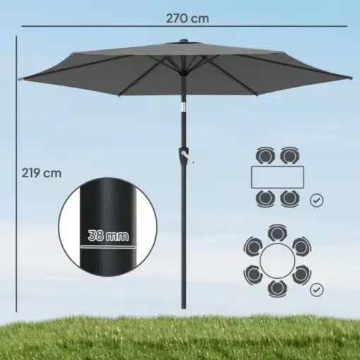 Päikesevari UV50+ vändaga, kallutatav, tumehall 270 cm | E-pood Tootemaailm Pilt päikesevarjust UV50+ kaitsega, vändaga ja kallutatava mehhanismiga, tumehallis värvitoonis. Päikesevarju läbimõõt on 270 cm ja kõrgus 219 cm, tugipost 38 mm läbimõõduga. Taustal on sinine taevas ja rohelise muruplats.