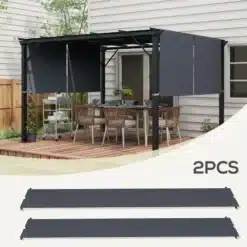 Paviljoni varukatus UV-kaitsega tumehall 3x3 m paigaldatud koduaeda, kus see pakub varju puidust terrassile, ümbritsetud elegantsete aiamööblit ja rohelise taustaga taimedele.