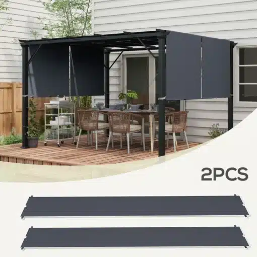 Paviljoni varukatus UV-kaitsega tumehall 3x3 m | E-pood Tootemaailm Paviljoni varukatus UV-kaitsega tumehall 3x3 m paigaldatud koduaeda, kus see pakub varju puidust terrassile, ümbritsetud elegantsete aiamööblit ja rohelise taustaga taimedele.