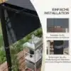 Paviljoni varukatus UV-kaitsega tumehall 3x3 m | E-pood Tootemaailm Pilt näitab Paviljoni varukatust UV-kaitsega, tumehallis värvitoonis, suurusega 3x3 m. Paviljoni kate on paigaldatud musta raamiga konstruktsioonile. Taustal on rohelised taimed ja puitpõrand. Katuse paigaldusdetailid on nähtavad lähivõttel ning kõrval asub metallist serveerimiskäru erinevate nõudega.