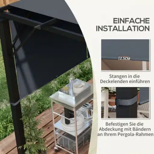 Paviljoni varukatus UV-kaitsega tumehall 3x3 m | E-pood Tootemaailm Pilt näitab Paviljoni varukatust UV-kaitsega, tumehallis värvitoonis, suurusega 3x3 m. Paviljoni kate on paigaldatud musta raamiga konstruktsioonile. Taustal on rohelised taimed ja puitpõrand. Katuse paigaldusdetailid on nähtavad lähivõttel ning kõrval asub metallist serveerimiskäru erinevate nõudega.