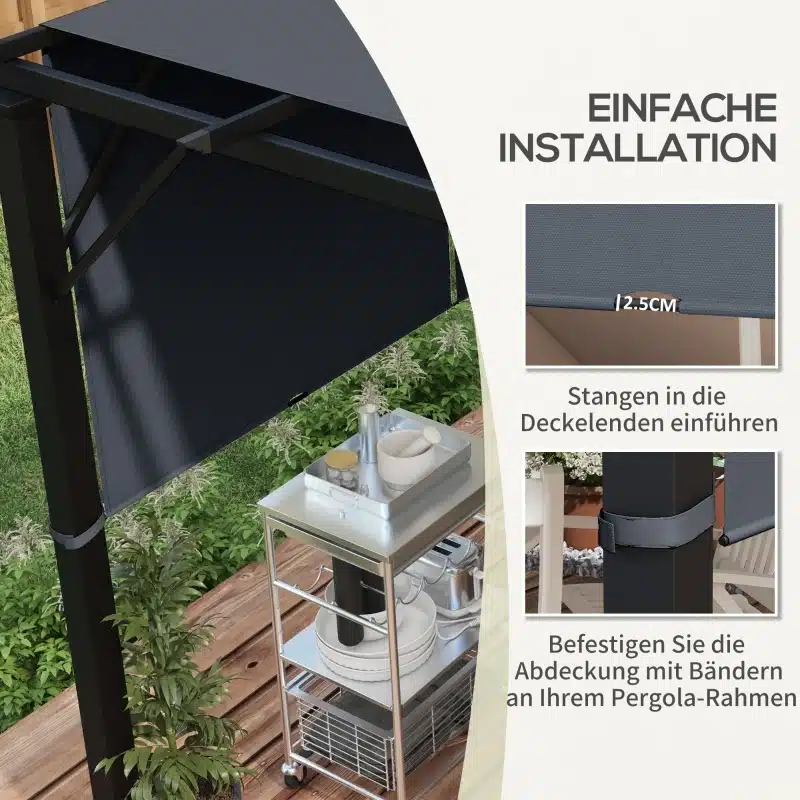 Tumehall 3x3m paviljoni varukatus UV-kaitsega. Pildil kujutatakse kergesti paigaldatavat varikatust aias. Tugev materjal, ideaalne kaitseks päikese eest.