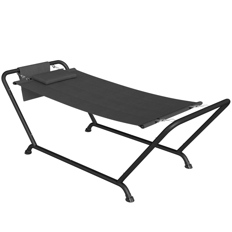 Modernne musta värvi rippvoodi aeda, mis on varustatud küljetaskuga ja peatoega. See on valmistatud vastupidavast metallraamist ja pakub toetavat lamamispinda suuruses 237x90 cm, ideaalne lõõgastumiseks värske õhu käes.