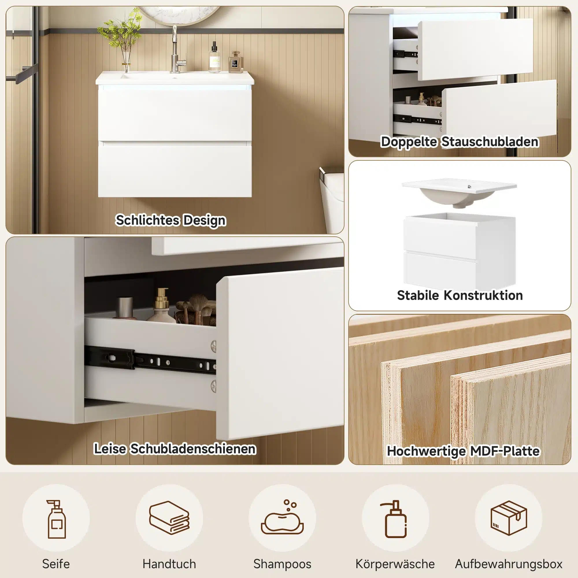 Valge vannitoakapp LED valgusti ja integreeritud valamuga. Pildil on minimalistlik disain, pehmelt sulguvad sahtlid ja kvaliteetne MDF-plaat, kapp asetseb beežil seinal.