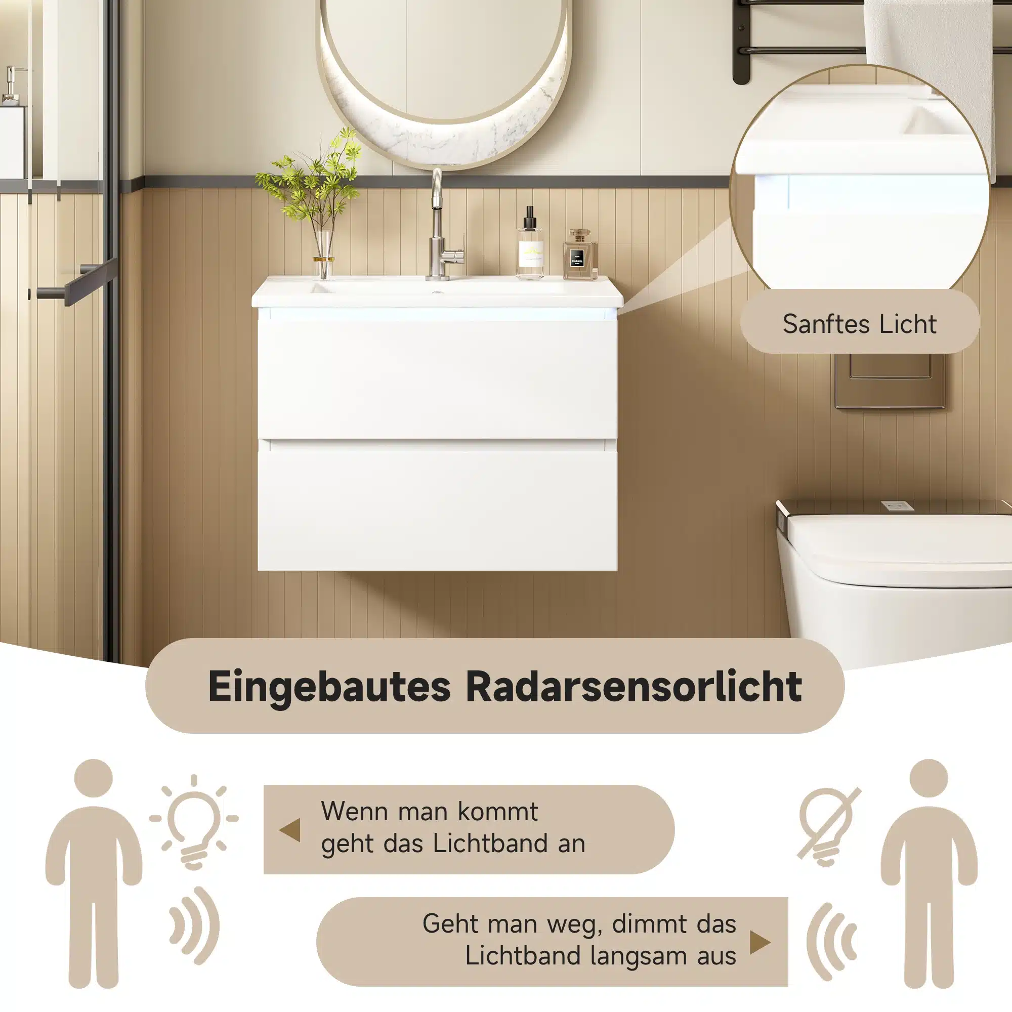Valge vannitoakapp integreeritud valamuga, mille kohal on peegel ning LED valgusti. Taustal on heledates toonides sein ja tualettruum. Dekoratiivsed esemed nagu seebidosaator ja rohelised taimed lisavad stiili.