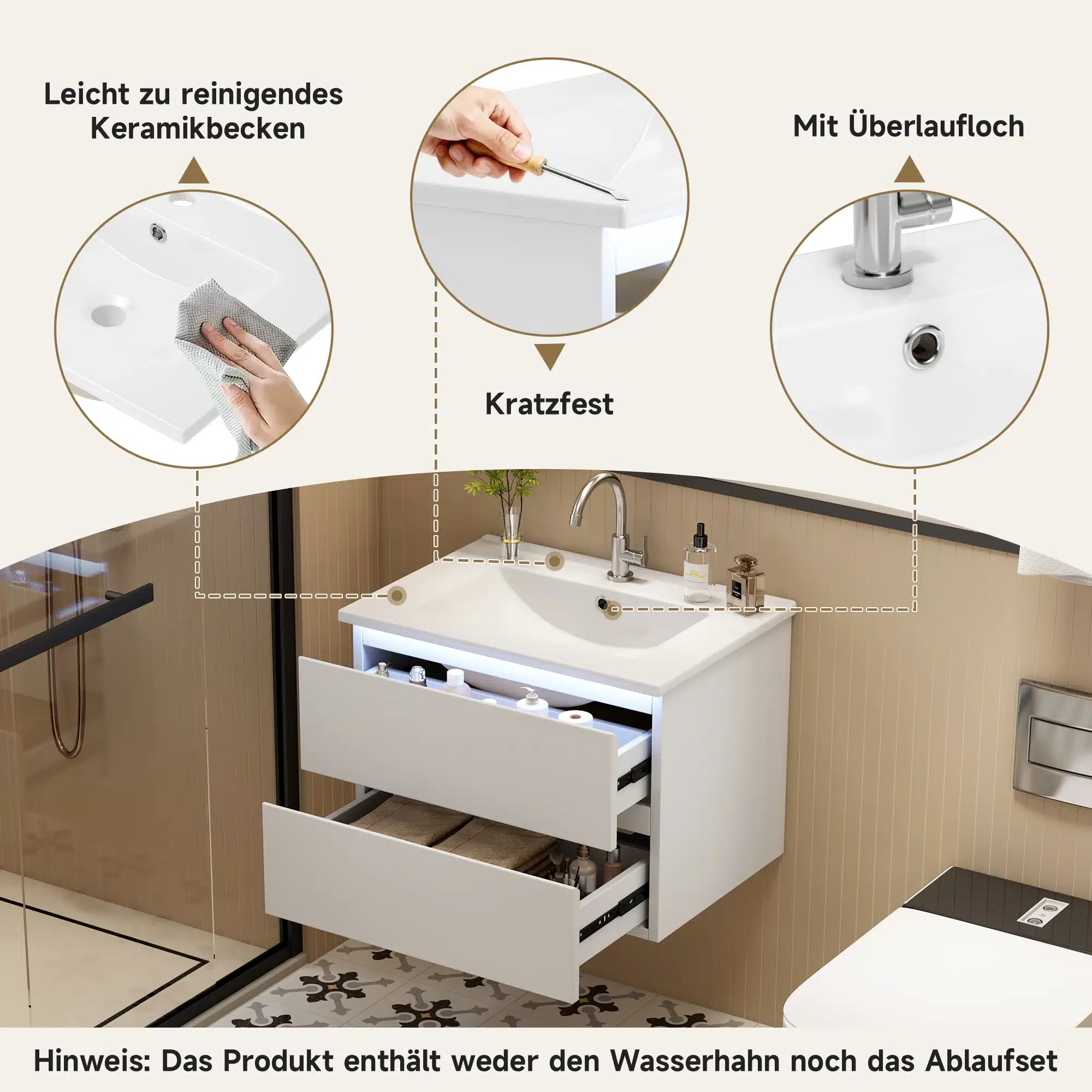 Valge vannitoakapp koos LED valgusti ja integreeritud valamuga, näha puidust taustal. Kapp on avatud, paljastades organiseeritud riiulid, samas kui valge keraamiline valamu on esiplaanil. Pildil on ka kahte viisi, kuidas valamut puhastada ja hooldada, tuues esile kapi vastupidavuse ja praktilisuse.