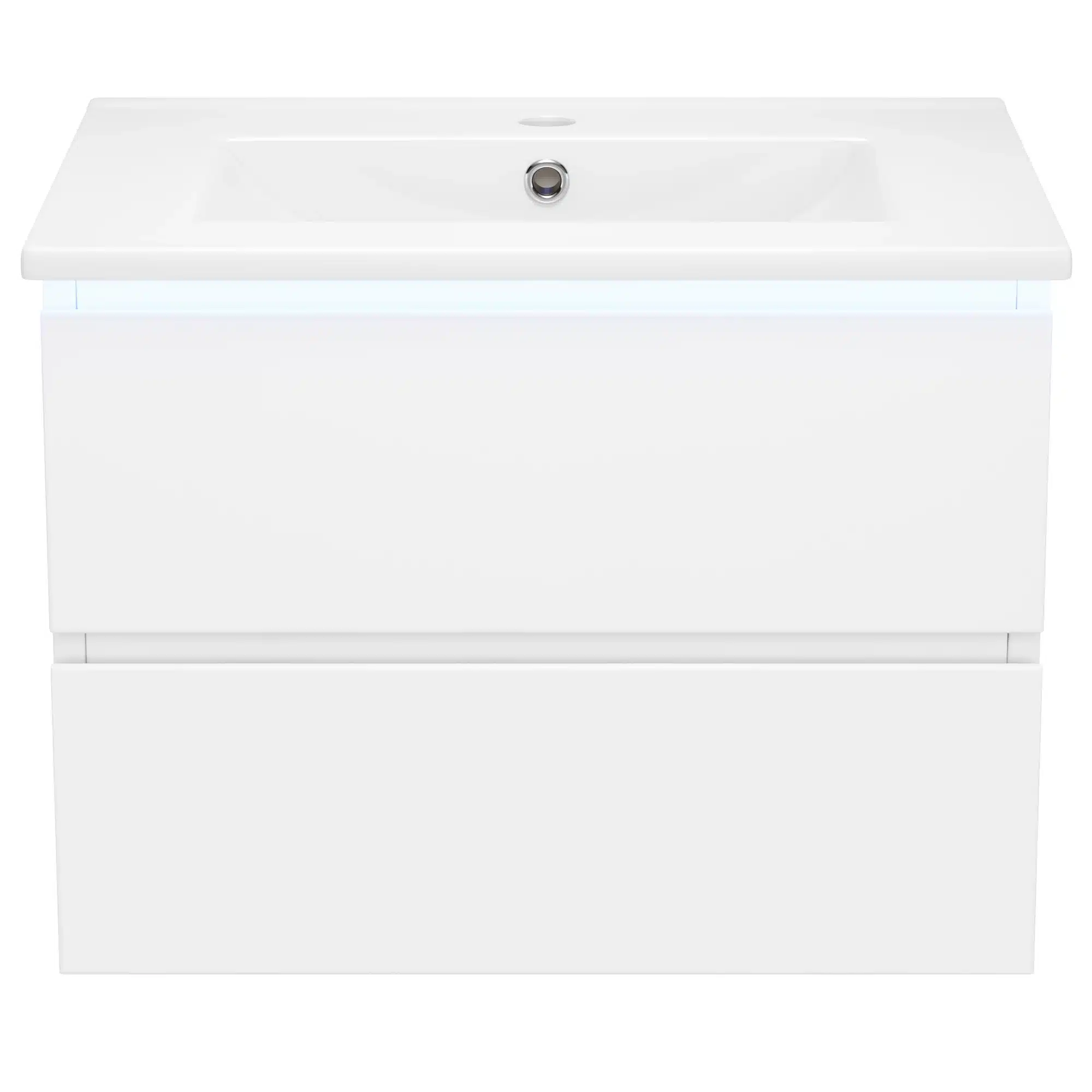 Valge vannitoakapp LED valgusti ja integreeritud valamuga, minimalistlik disain, kaks sahtlit, valge taust.