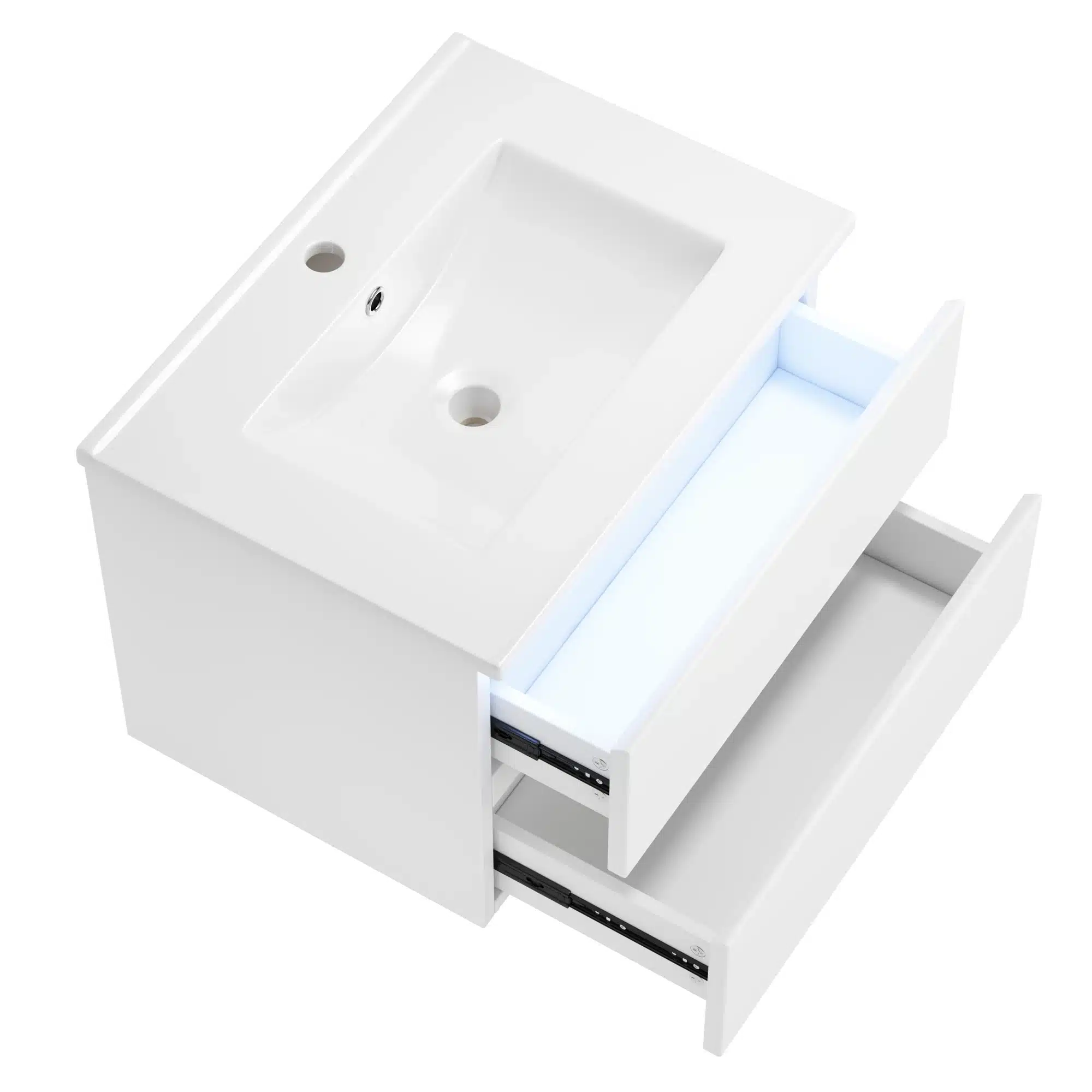 Elegantne Vannitoakapp LED valgusti ja integreeritud valamuga, valge, koos avatud sahtlitega ja stiilse modernse disainiga.