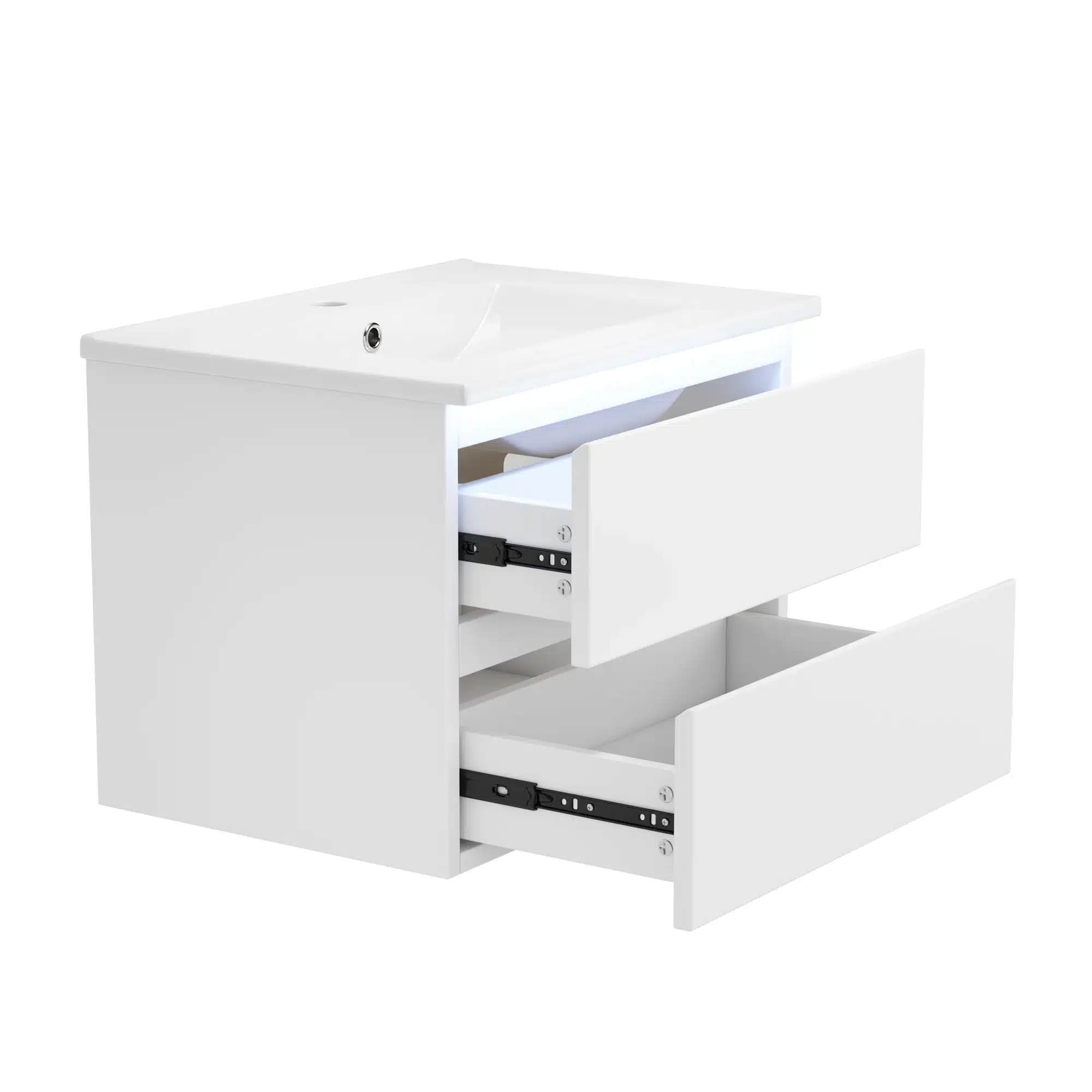 Valge vannitoakapp koos LED valgustusega ja integreeritud valamuga, kahel lahtisel sahtlil. Minimalistlik ja kaasaegne disain.