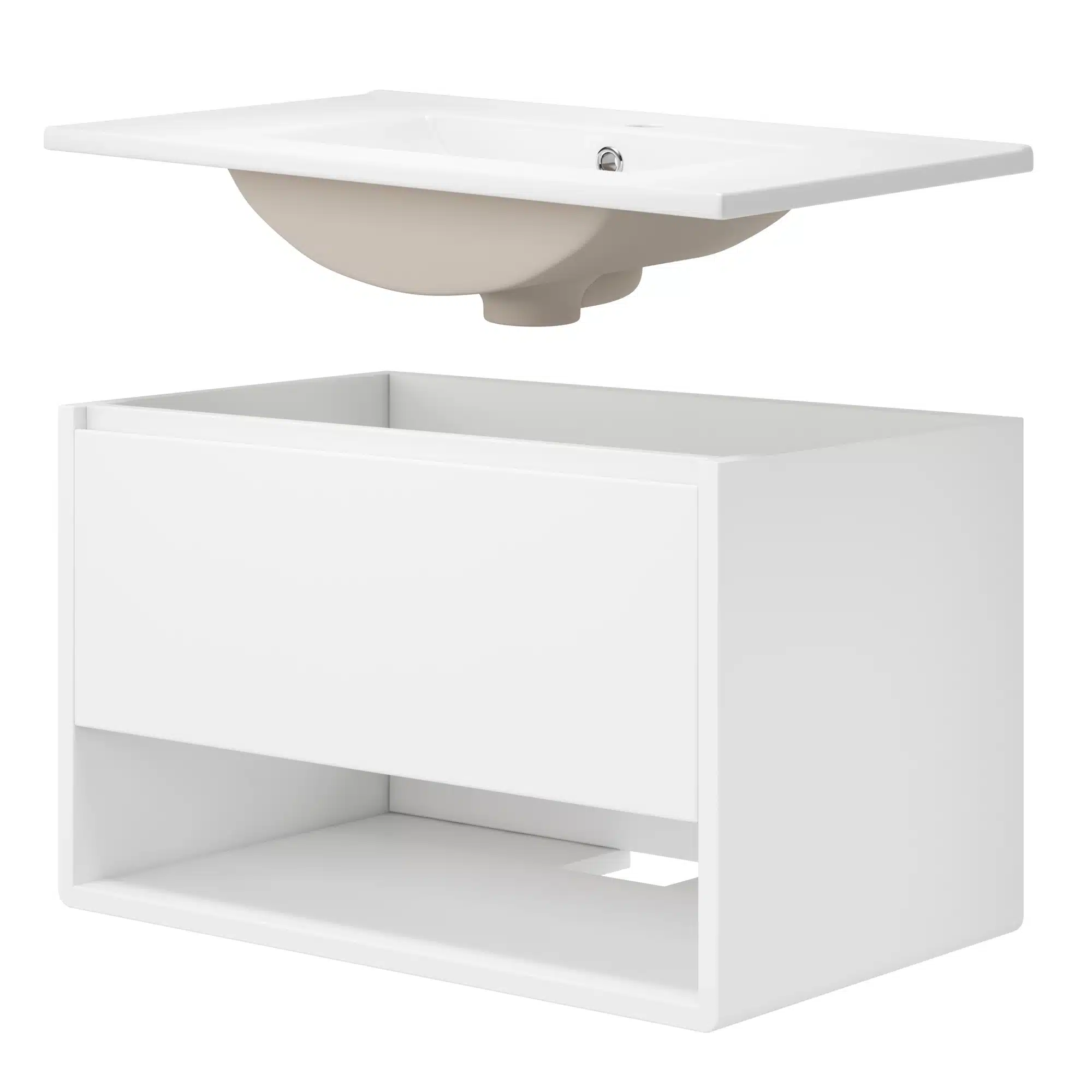 Valge vannitoakapp varustatud LED valgusti ja integreeritud valamu, valge minimalistlik disain.