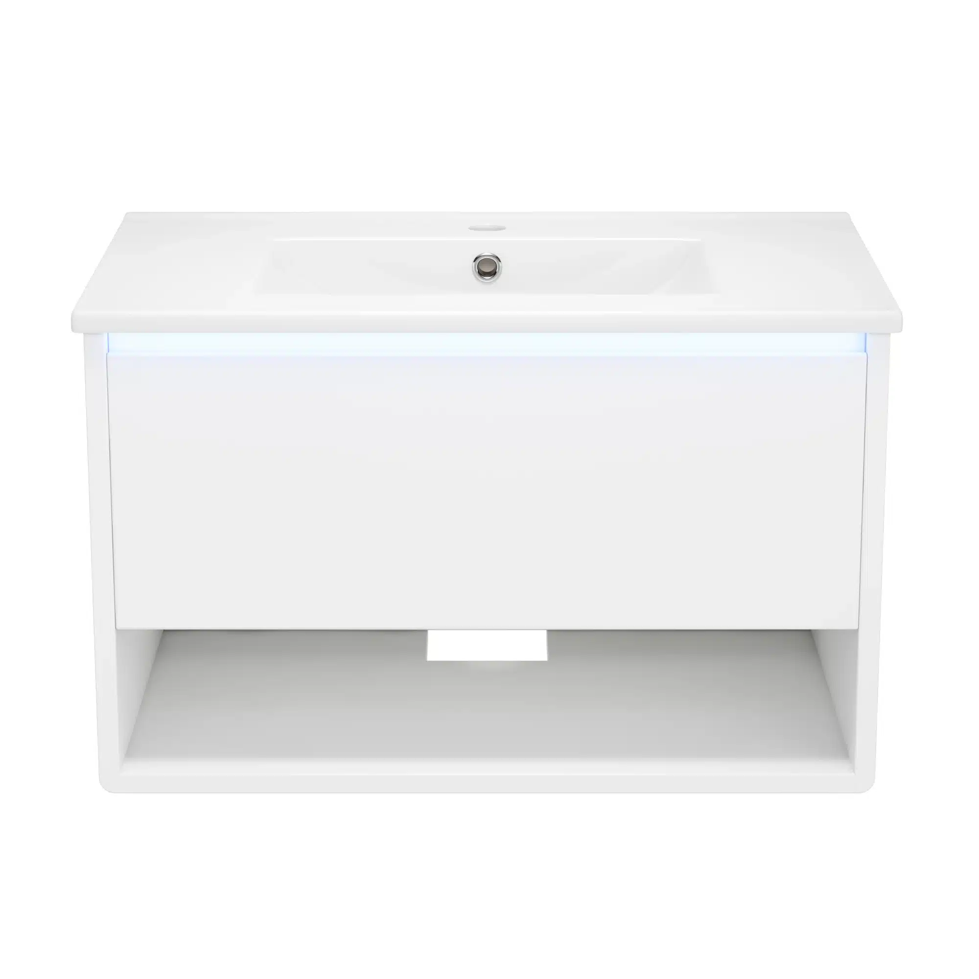 Valge vannitoakapp koos LED valgusti ja valamuga, minimalistliku disainiga, esiküljel nähtav valgusjoon ning kapi all avatud riiul ruumikas hoiustamiseks.