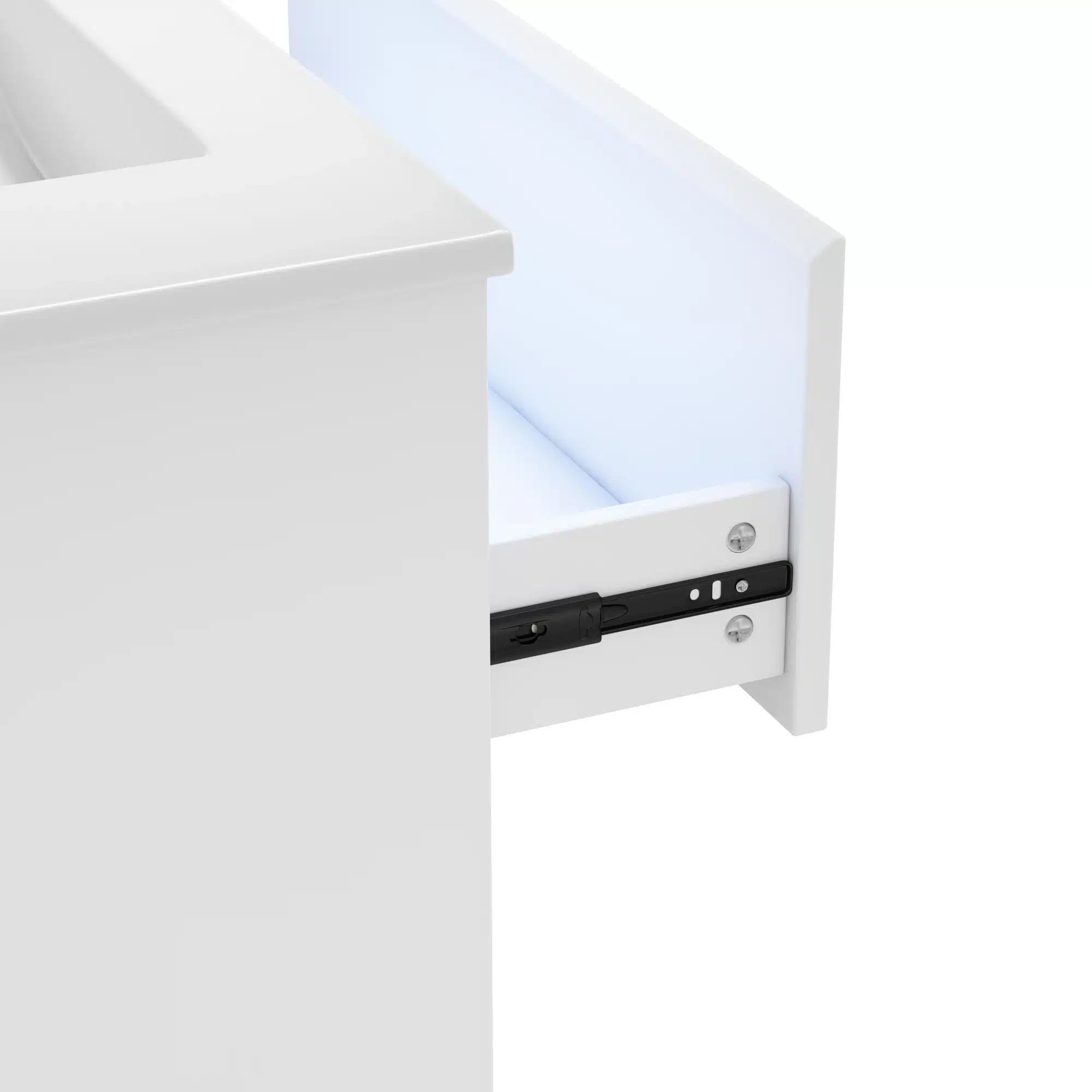 Vannitoakapp LED valgusti ja valamuga, valge, avatud sahtel, mis näitab kapimehhanismi ja hõbedast sahtli sisemust.