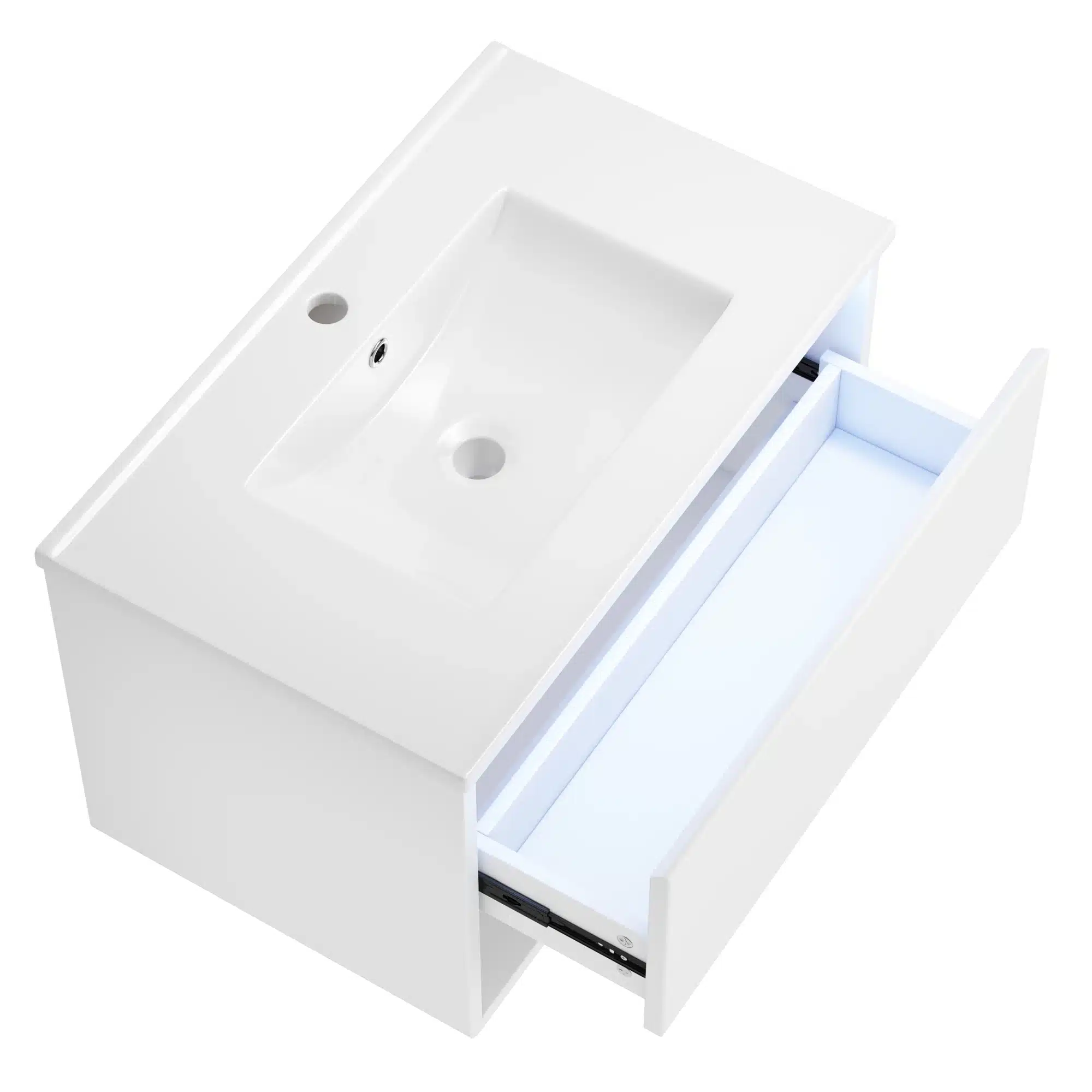 Stiilne ja funktsionaalne valge vannitoakapp koos LED valgustuse ja sisseehitatud valamu ning avatud sahtliga, modernse ja minimalistliku disainiga.
