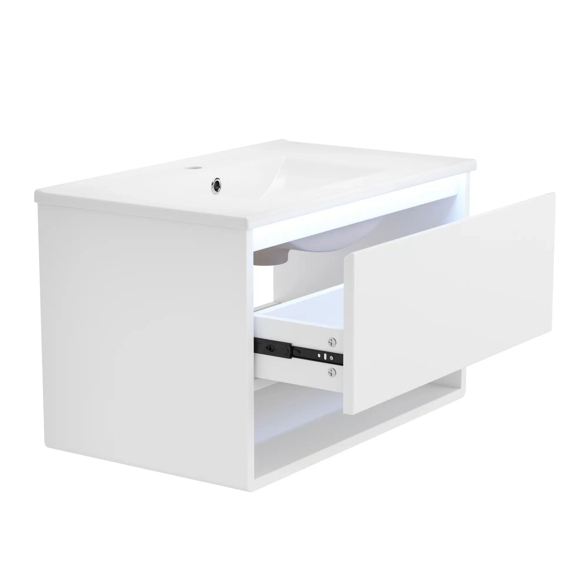 Vannitoakapp LED valgusti ja valamuga, valge, näitab avatud sahtleid ja modernset disaini, paistab puhas ja kaasaegne taust.