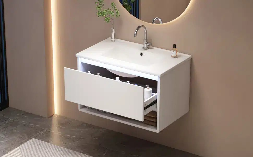 Vannitoakapp LED valgusti ja valamuga, valge, minimalistliku disainiga, taustal hele sein ning peegel.