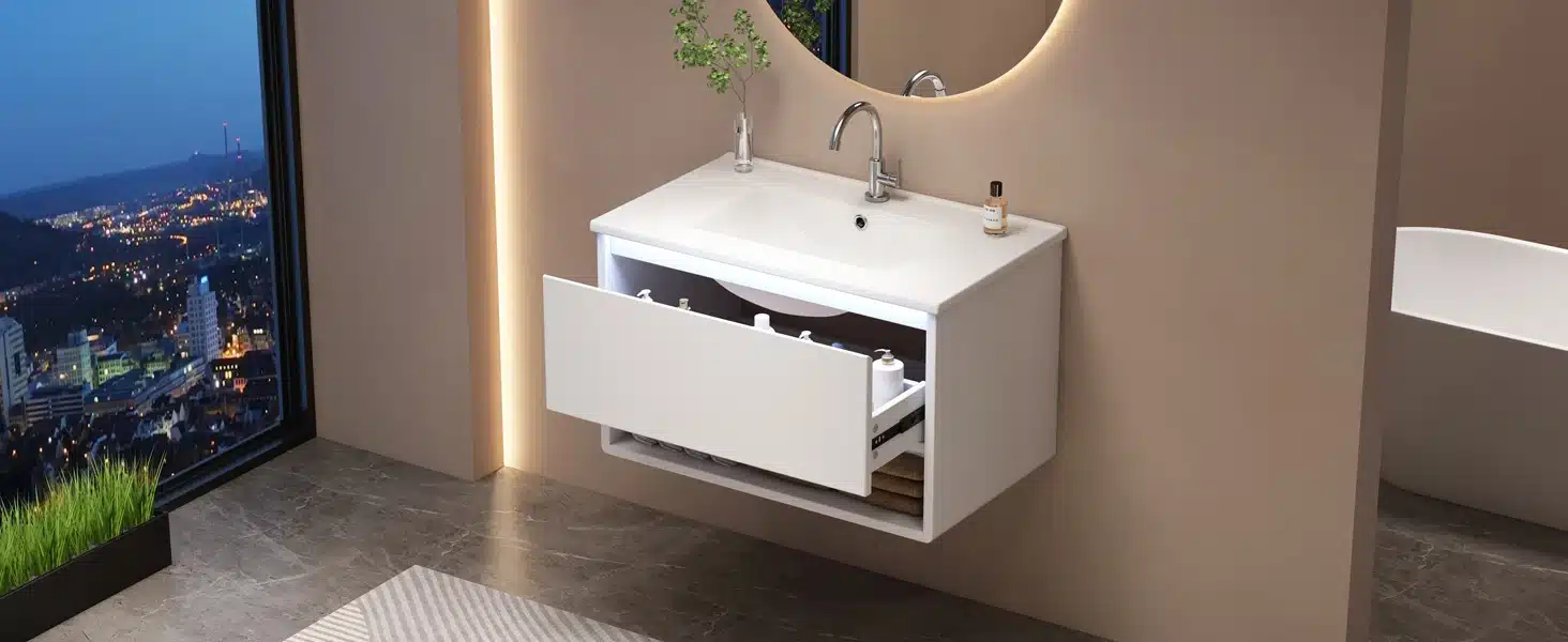 Kaasaegne valge vannitoakapp LED valgusti ja valamuga, avatud sahtel, neutraalsed seinad ja peegliga taust.