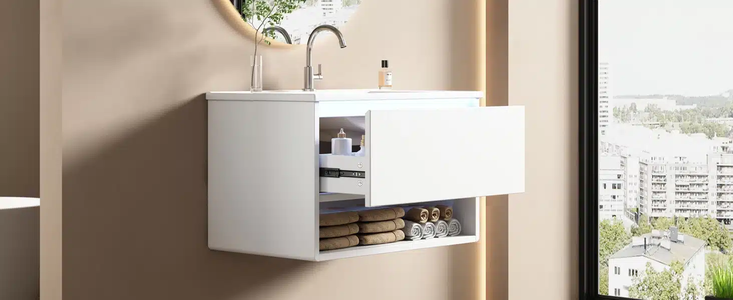 Valge vannitoakapp LED valgusti ja modernse valamuga, paigaldatud beeži seina taustale, mille sees on puhtalt paigutatud rätikud ja hügieenitarbed.